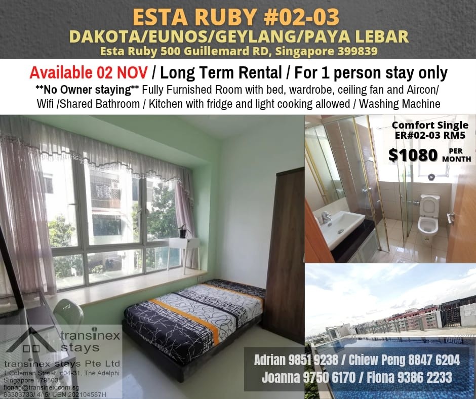 Esta Ruby - Paya Lebar MRT, Dakota MRT/Private lift access to apartment/Available 02 November - Geylang 芽籠 - 分租房間 - Homates 新加坡