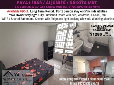 Available 02 OCT/Classic Deluxe  Room/ for 1 person stay only /Wifi/No owner staying/No Agent Fee/Cooking allowed/Near Paya Lebar MRT/Aljunied MRT/Dakota MRT  - Sunny Grove, 5A Lorong 37 Geylang #08-02RM1, Singapore 387914