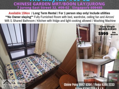  Available 15-Nov /Common Room/ Strictly Single Occupancy/no Owner Staying/No Agent Fee/Cooking allowed / Chinese garden MRT /Boon Lay / Jurong  - 7 Jurong East Street 32, #09-02, Singapore 609480
