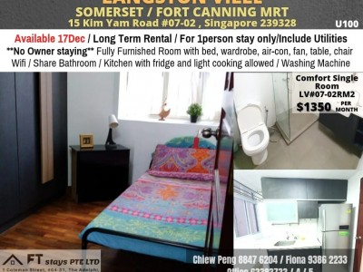 Common Room/No Owner Staying/No Agent Fee/Allowed Cooking/No Pets Allowed/Near Somerset MRT, Fort Canning MRT/ Available 17 Dec - 15 Kim Yam Road, #07-02, Singapore 239328