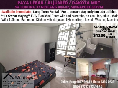 Available Immediate/Classic Deluxe  Room/ for 1 person stay only /Wifi/No owner staying/No Agent Fee/Cooking allowed/Near Paya Lebar MRT/Aljunied MRT/Dakota MRT  - Sunny Grove, 5A Lorong 37 Geylang #08-02RM1, Singapore 387914