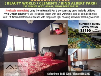 Available immediate -Common  Room/Strictly Single Occupancy/Wifi/Aircon/no Owner Staying/No Agent Fee/Cooking allowed /Beauty World/King Albert Park/ Clementi Park/ Clementi MRT - 137 SUNSET WAY, #09-19, SINGAPORE 597159