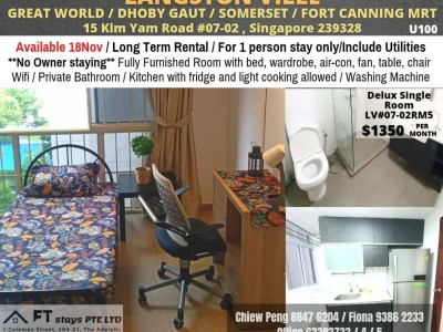 Common Room/No Owner Staying/No Agent Fee/Allowed Cooking/No Pets Allowed/Near Somerset MRT, Fort Canning MRT, Dhoby Ghaut, and Great World MRT/  Available 18 NOV - 15 Kim Yam Road, #07-02, Singapore 239328
