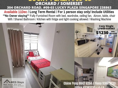 Available 11 Dec /Common Room/Single Occupancy/no Owner Staying/No Agent Fee/Cooking allowed/Orchard Mrt /  Somerset MRT/Newton MRT - 304 Orchard Road, Lucky Plaza, #09-03, Singapore 238863