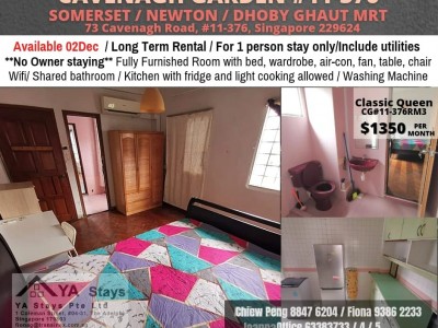 Near Somerset / Dhoby Gaut Mrt, Cuppage area.  Common Room/Strictly Single Occupancy/no Owner Staying/No Agent Fee/Cooking allowed/Near Somerset MRT/Newton MRT/Dhoby Ghaut MRT/Available 02 Dec - 73 Cavenagh Road, #11-376, Singapore 229624
