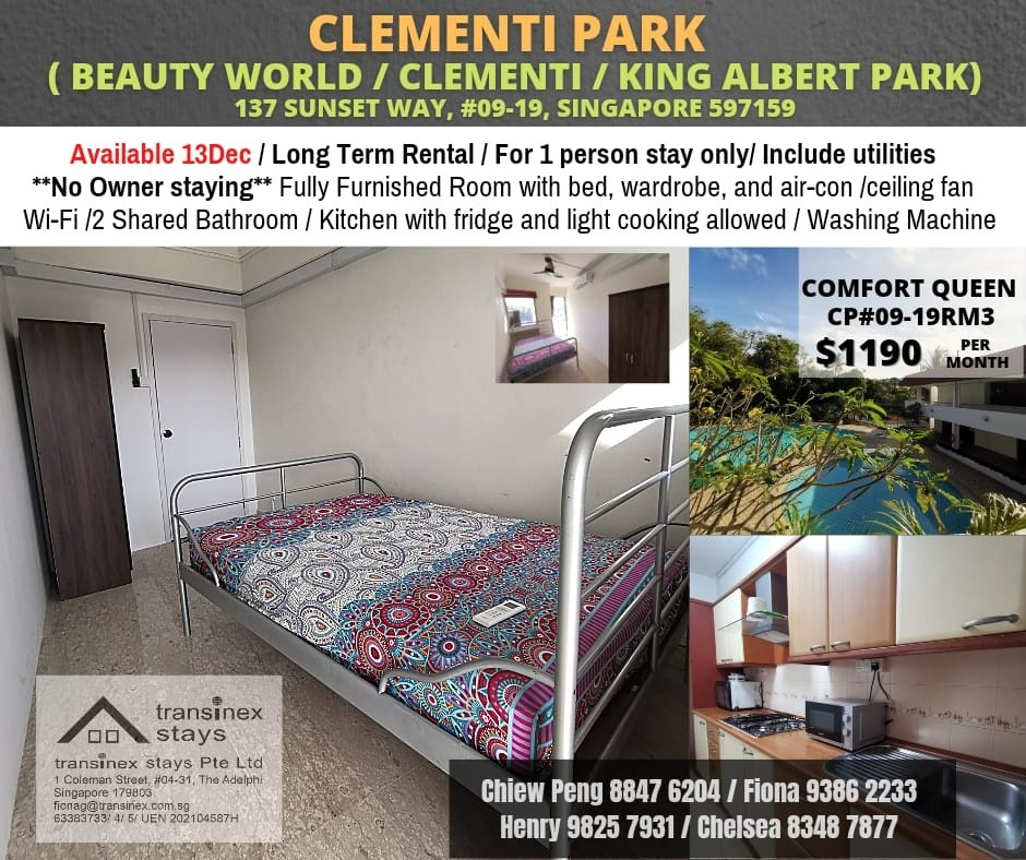 Available 13 Dec - Common  Room/Strictly Single Occupancy/Wifi/Aircon/no Owner Staying/No Agent Fee/Cooking allowed /Beauty World/King Albert Park/ Clementi Park/ Clementi MRT - Clementi - Bedroom - Homates Singapore