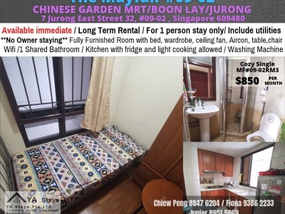 新加坡 - Jurong West - Chinese garden MRT /Boon Lay MRT/ Jurong MRT/ Immediate Available/Min 3 - 12 Month Rental / For 1 pax stay / Include utilities / No owner stay / Fully Furnished room with bed / chair/ Wifi / Air-con / Ceiling fan/ Wardrobe / Kitchen with frigde and light 