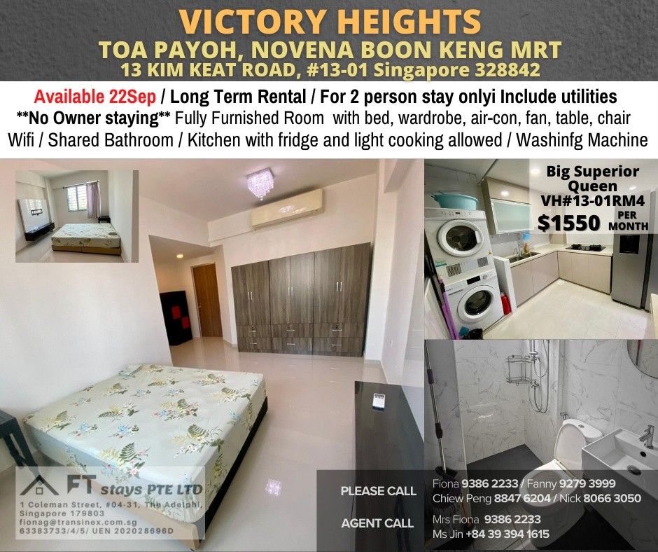 VICTORY HEIGHTS Middle Room /1 persons stay/No Owner Staying/Fully Furnished /WIFI/2 Shared Bathroom/allowed Light Cooking/ Balestier / Toa Payoh/Novena MRT/ Available on Immediately - Toa Payoh 大巴窑 - - Homates 新加坡