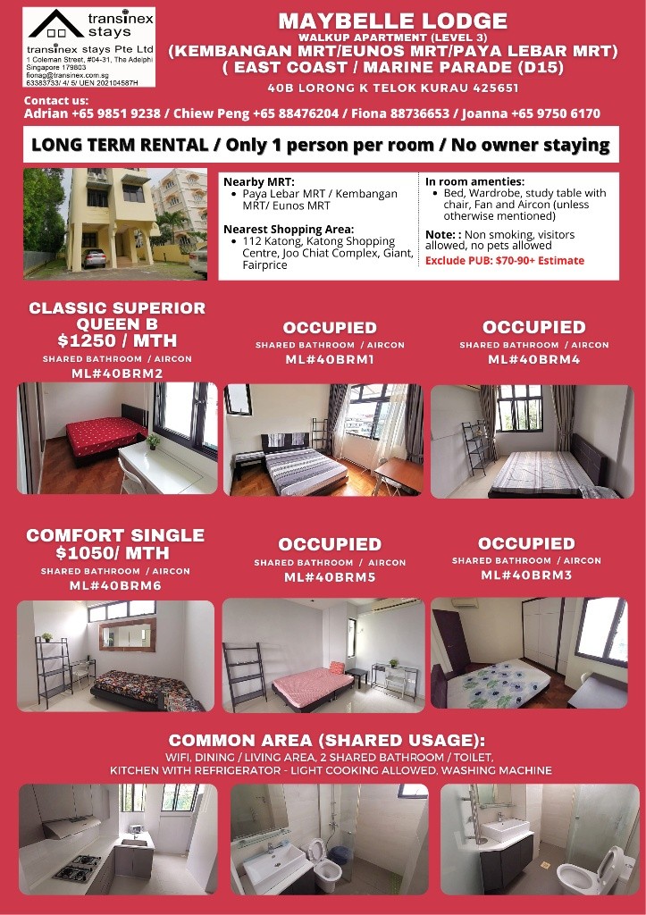 17 Oct Available-Common Room/1 or 2 person stay/ Wifi/No owner staying/No Agent Fee/Cooking allowed/KEMBANGAN MRT / EUNOS MRT / PAYA LEBAR MRT - Lorong Chuan 羅弄泉 - 整个住家 - Homates 新加坡