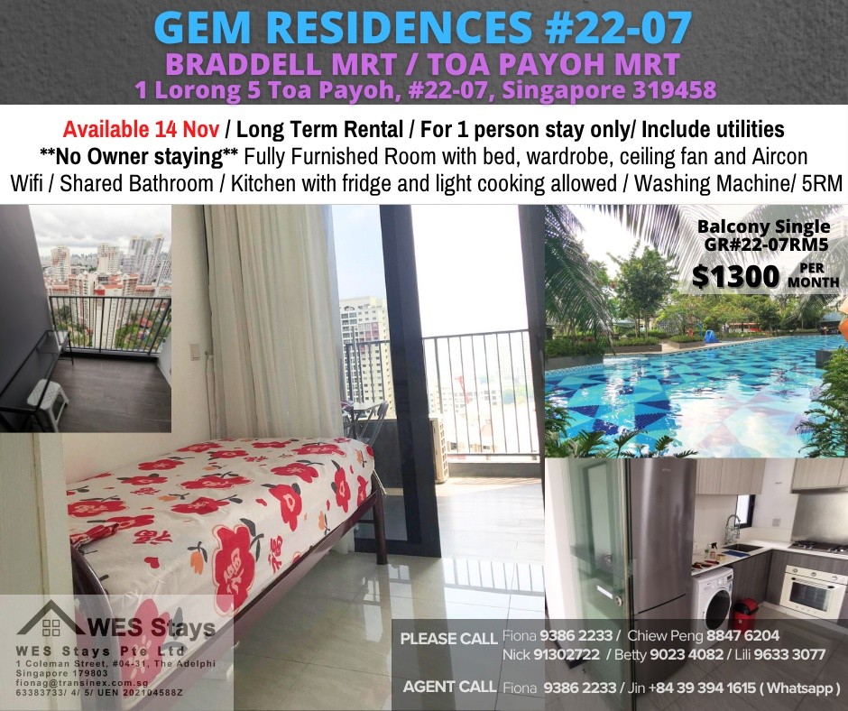 Room for rent / BRADDELL MRT/ TOA PAYOH MRT / Common room / 1pax stay / Available 14 Nov/ GEM RESIDENCES - Toa Payoh 大巴窑 - 整个住家 - Homates 新加坡