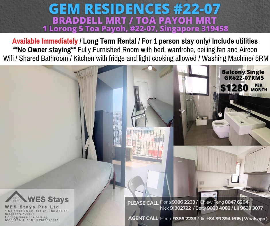 Room for rent / BRADDELL MRT/ TOA PAYOH MRT / Common room / 1pax stay / Available 14 Nov/ GEM RESIDENCES - Toa Payoh 大巴窑 - 整个住家 - Homates 新加坡