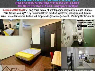 Room for rent / Toa Payoh, Novena, Newton, Little India MRT / Master room / 1-2 pax stay / Available﻿ Immediately - 400 Balestier Road, #09-04, Singapore 329802