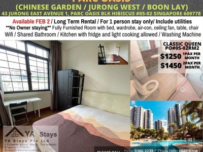 Room for rent Jurong West / Chinese Garden/Boon Lay/Common Room/Full facilities/Parc Oasis/ Available Feb 2 - 43 Jurong East Avenue 1, Parc Oasis Blk Hibiscus #05-02 Singapore 609778 