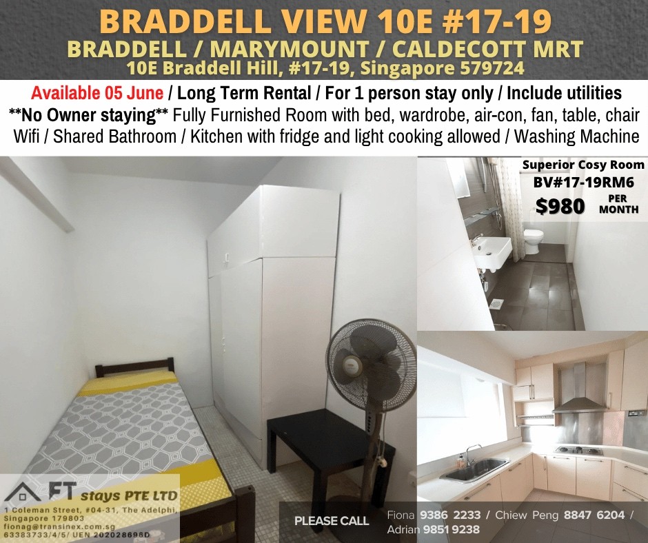 Available﻿ 5 June - Common Room/Include Utilities/Wifi/Aircon/No Agent Fee/Light Cooking Allowed/Washing Machine - Braddell 布莱徳 - 分租房间 - Homates 新加坡